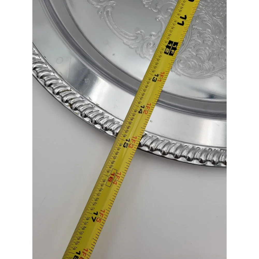 Vtg Shelton-Ware NYC Embossed Round Serving Tray Silver-tone Floral Scroll 15